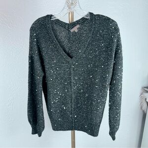 Lilla P Oversized Sequin V-Neck Sweater in Dark Forest Gray - Size XS